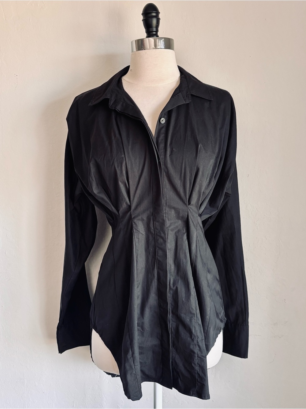 Good American Black Poplin Collared Shirt with Dart Waist Detail, Sz 1/S
